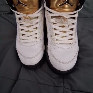 Jordan Retro 5 Olympics %100 Authentic Athletic Shoes White and Gold